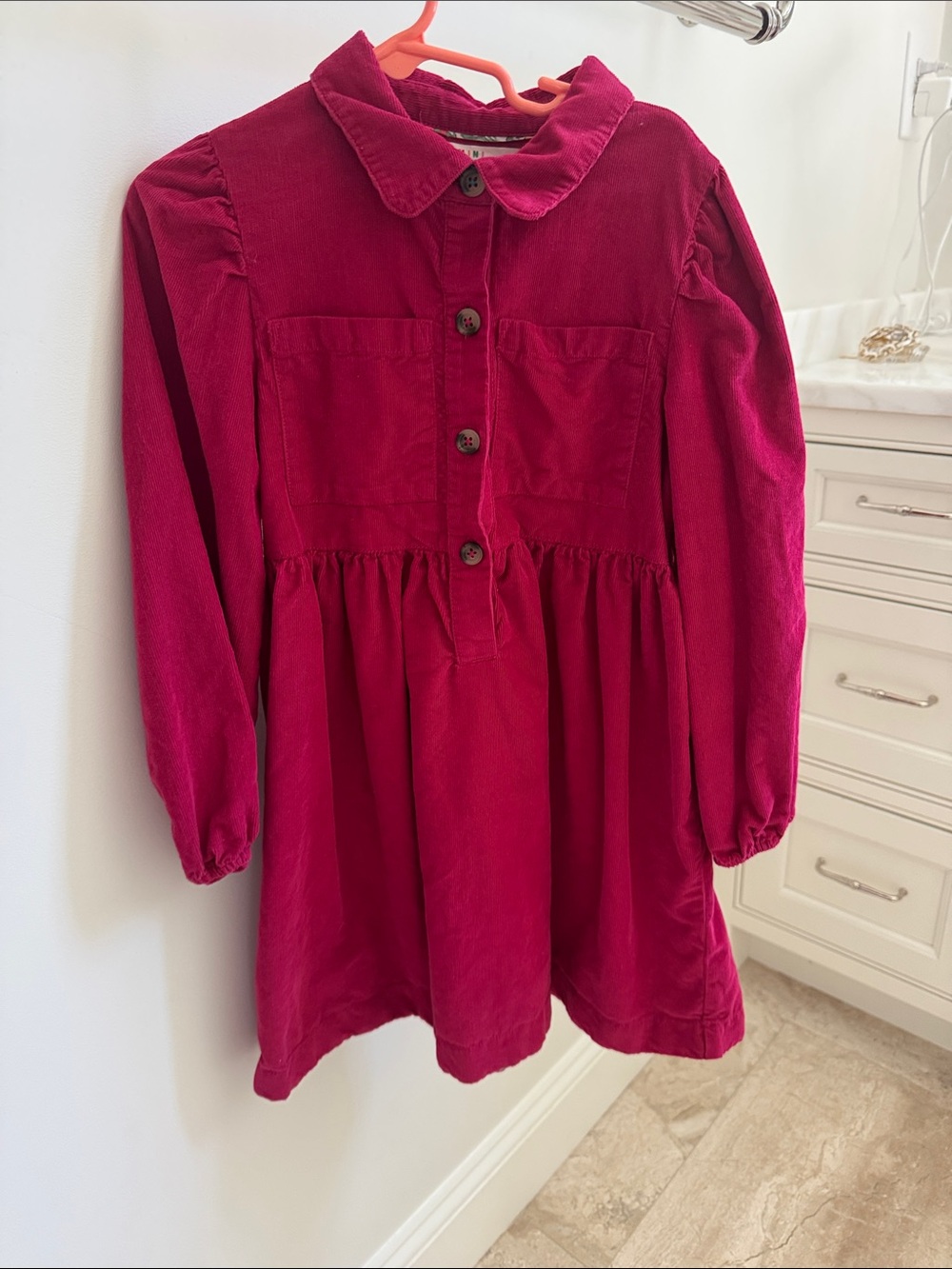 Mini Boden Raspberry Corduroy Button-Front Dress